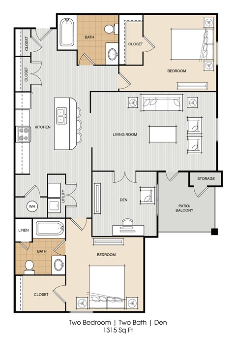 Floor plan for 2 beds, 2 baths, 1315 sqft